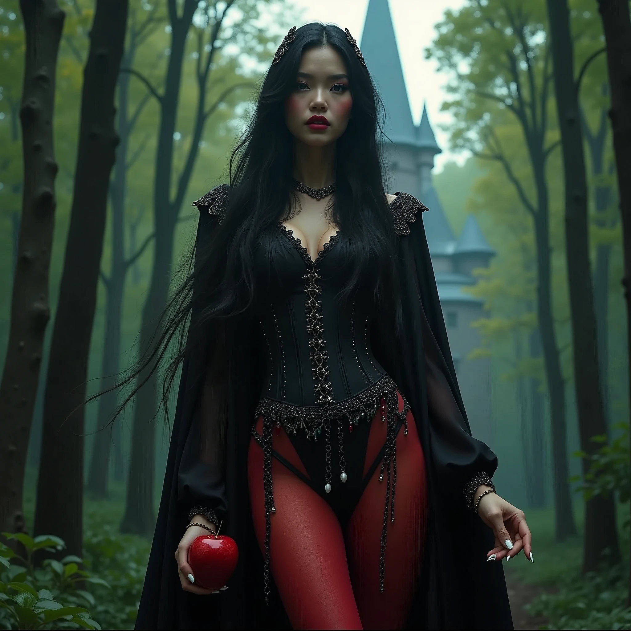 ((RAW Photo), Absurd, (Absurdresolution)), Masterpiece, Best Quality, (Extremely Detailed 8k Unity CG Wallpaper), (Best Illustration), (Best Shadow), Realistic Lighting, Beautiful Detailed Glow, ((21 Years Old)), Girl, Long Black Hair， Black Queen， Accessories， Apple in Hand， Poisoned Apples， Witch Queen， Red Lipstick, Red Thighs, Corset, ((Full View, Hinoki Forest, Victorian Castle)), (((Photographic Perspective of Her, FROM BELOW)))