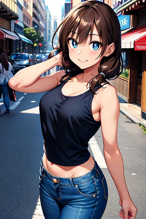 Megumi Amano、Shiny brown hair, Twin tails, Beautiful Blue Eyes、Small waist、Small breasts、Modest chest、smile、Sparkling eyes, (fine grain)、Very fine eye、Highly detailed face, Highly detailed eyes, Cowboy Shot、




, 
Black tank top, ((Denim pants)), Cowboy Shot, Show Viewer, Street City Background