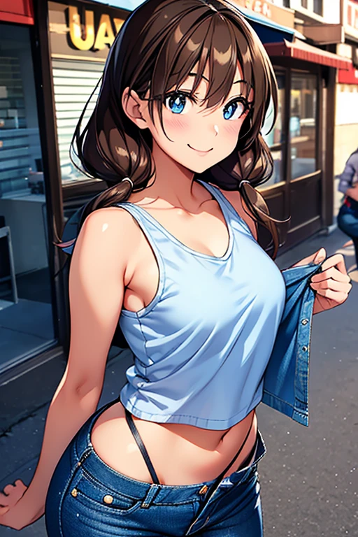 Megumi Amano、Shiny brown hair, Twin tails, Beautiful Blue Eyes、Small waist、Small breasts、Modest chest、smile、Sparkling eyes, (fine grain)、Very fine eye、Highly detailed face, Highly detailed eyes, Cowboy Shot、




, 
Black tank top, ((Denim pants)), Cowboy Shot, Show Viewer, Street City Background