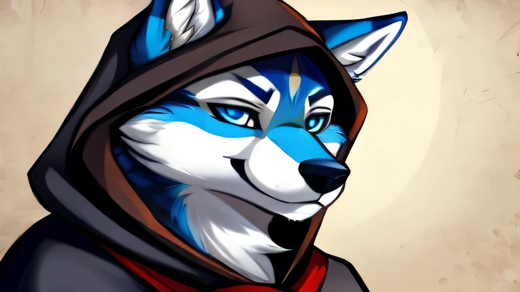 charachter, little Wolf, blue eyes, hair blue, detailded, Assassin outfit