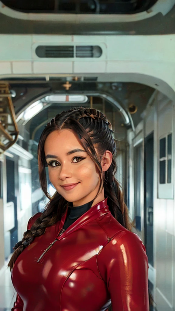 portrait of a beautiful brunette Christina Chong beautiful face, narrowed eyes. smirk. black braided hair as an astronaut, hair in tight updo, d3m1r0s3, (wearing spacesuit:1.2), in a space station hallway,,,, hard shadows, masterpiece, intricate details,
