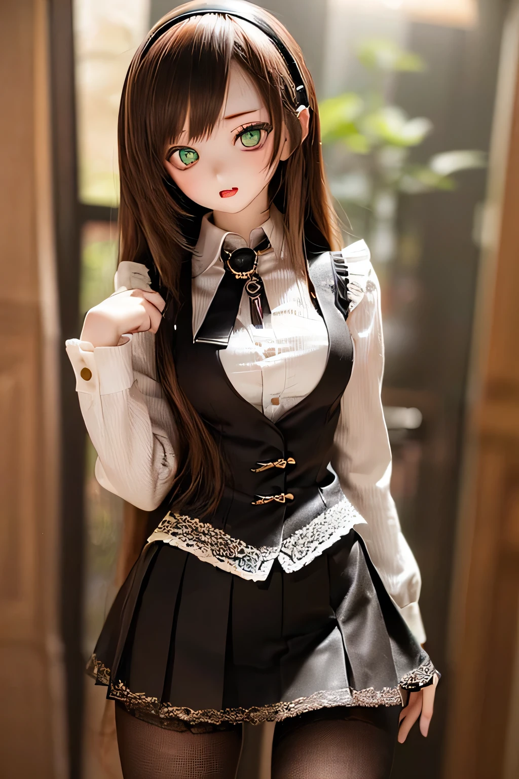 (SFW:2), photorealistic, realistic photo, 8k, ((highest quality)), ((masterpiece)), (extremely detailed), kukolnydom, doll, (mature woman, 21yo, 21 years old, solo:1.6), ((cowboy shot, contrapposto, slim, slender, skinny, medium breasts, hairband, ascot, vest, blouse, long puff sleeves, pleated skirt, black pantyhose)), (green eyes, brown hair, long hair, plastic skin, looking at another, glass eyes, gradient eyes, shining eyes, detailed eyes:1.3)