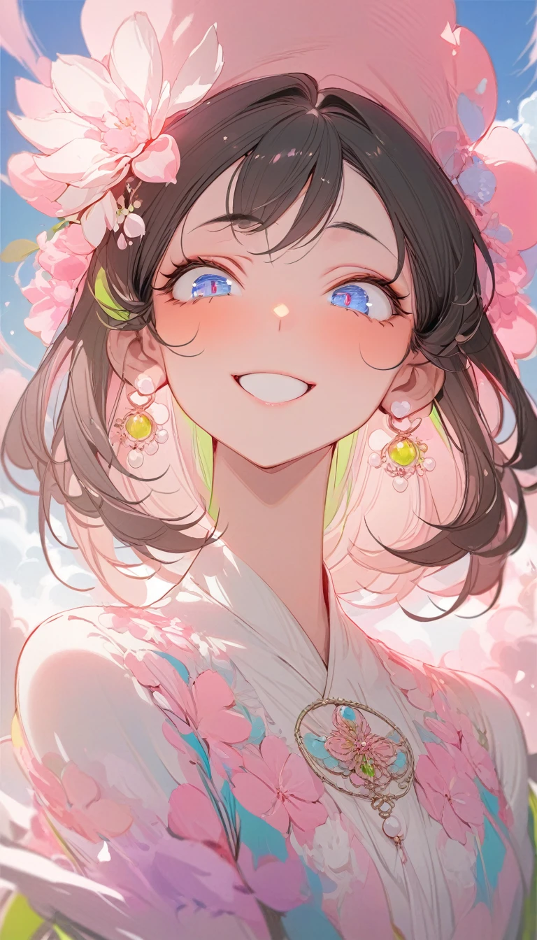 (masterpiece, best quality:1.2), 1 girl, beautiful face, Round face, exquisite eyes, droopy eyes, smile, sky, cloud, 8k, Detailed expression, Vivid color, Sharp contrast,