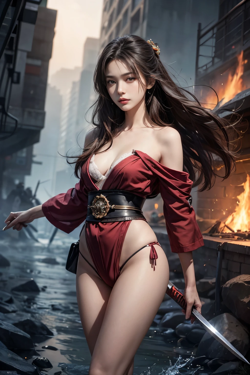 (RAW shooting, Photoreal:1.5, 32K, highest quality, masterpiece, ultra high resolution), Sengoku, Fire, Wars flaring up everywhere:1.3, perfect dynamic composition:1.2, Highly detailed skin and facial textures:1.2, Slim female samurai with a sharp Japanese sword:1.3, Fight:1.2, beautiful and aesthetic, cute and sexy beauty, perfect style:1.2, wear elaborate rings, fire, water, wind, Thunder, ice, Fair skin, very beautiful face, (Medium chest, Chest gap), (embarrassing smile, The expression on your face when you feel intense caress, Facial expression when feeling pleasure), Dull-colored combat uniform,A real sniper,Covert,(Wearing a sexy Sengoku uniform:1.1, off shoulder), (beautiful gray eyes, Eyes that feel beautiful eros:0.8), (Too erotic:0.9, Bewitching:0.9), full body shot,Small breasts,Flat Chest,Small hips,Are thin,Slim figure,Thin legs,Thin thighs,Upper kick,beautiful korean girl, beautiful Asian face,Hidden Weapon in Hairpin,Concealed weapon on waist,Please note that rubber was not used at this time.,Please note that clothing is limited to natural materials such as thin cotton.,Please note that underwear is not generally worn.,Flat chest,Battle of the Last Boss,Standing alone against the final, most powerful enemy,The climax,final battle,Dawn is Near!,