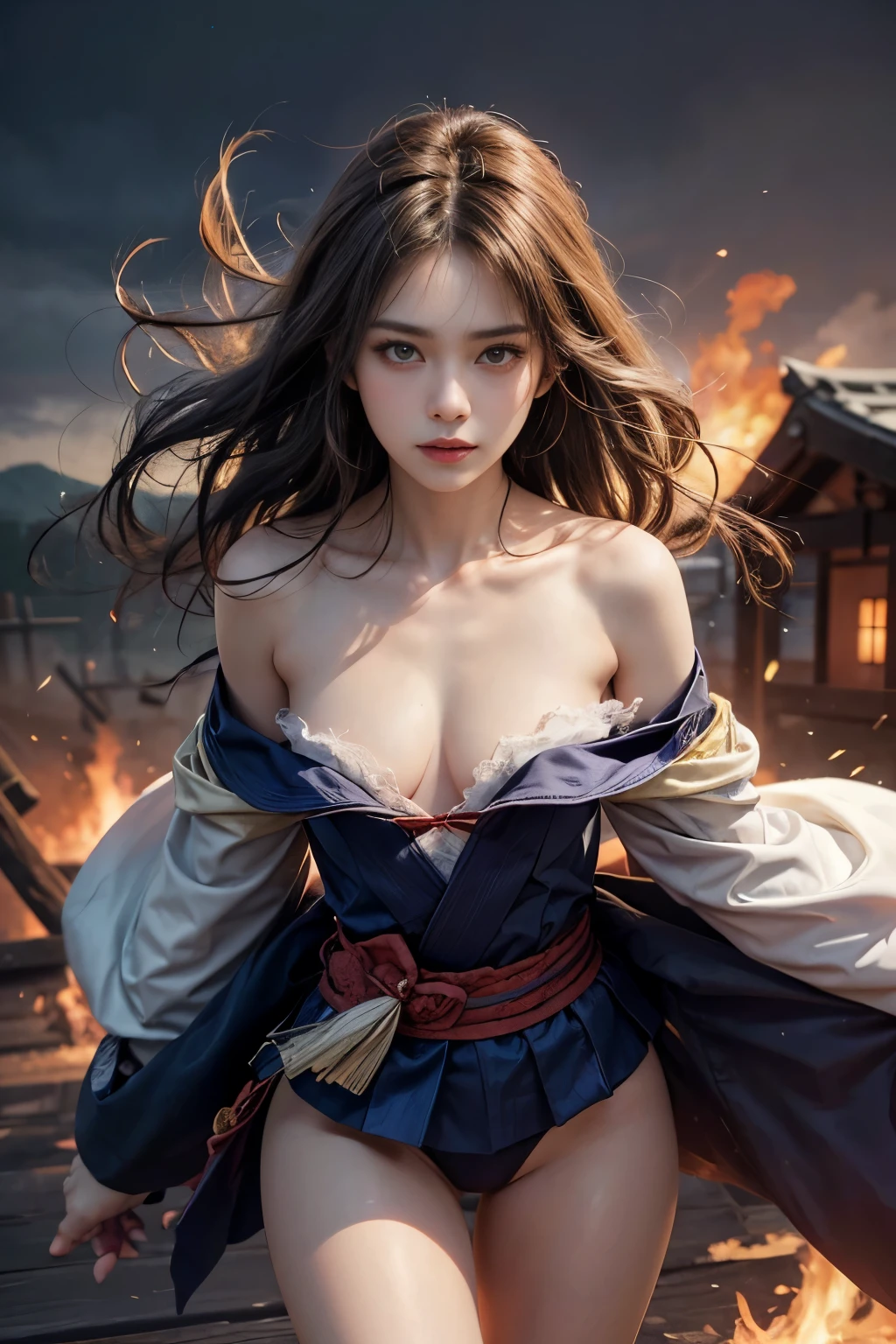 (RAW shooting, Photoreal:1.5, 32K, highest quality, masterpiece, ultra high resolution), Sengoku, Fire, Wars flaring up everywhere:1.3, perfect dynamic composition:1.2, Highly detailed skin and facial textures:1.2, Slim female samurai with a sharp Japanese sword:1.3, Fight:1.2, beautiful and aesthetic, cute and sexy beauty, perfect style:1.2, wear elaborate rings, fire, water, wind, Thunder, ice, Fair skin, very beautiful face, (Medium chest, Chest gap), (embarrassing smile, The expression on your face when you feel intense caress, Facial expression when feeling pleasure), Dull-colored combat uniform,A real sniper,Covert,(Wearing a sexy Sengoku uniform:1.1, off shoulder), (beautiful gray eyes, Eyes that feel beautiful eros:0.8), (Too erotic:0.9, Bewitching:0.9), full body shot,Small breasts,Flat Chest,Small hips,Are thin,Slim figure,Thin legs,Thin thighs,Upper kick,beautiful korean girl, beautiful Asian face,Hidden Weapon in Hairpin,Concealed weapon on waist,Please note that rubber was not used at this time.,Please note that clothing is limited to natural materials such as thin cotton.,Please note that underwear is not generally worn.,Flat chest,Battle of the Last Boss,Standing alone against the final, most powerful enemy,The climax,final battle,Dawn is Near!,
