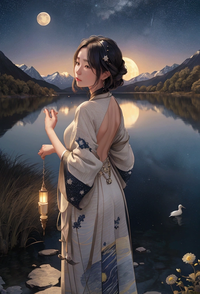 1 woman_Take a selfie with your back to the background, starry night. huge moon behind the mountains. A quiet lake reflects the night. Sunset is accompanied by flying cranes. realistic scene, Detail, photorealism, 8k