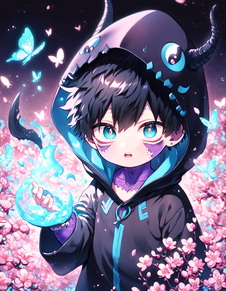 absurdres, highres, ultra detailed, HDR, master piece, best quality, extremely detailed face, delicated features, Dabi as a kid, black hair, expressive turquoise eyes, Boku No Hero Academia, solo, boy, cute, black dragon costume, close up, blossoms, pink flowers, pink butterflies, fantasy, magic, radiant