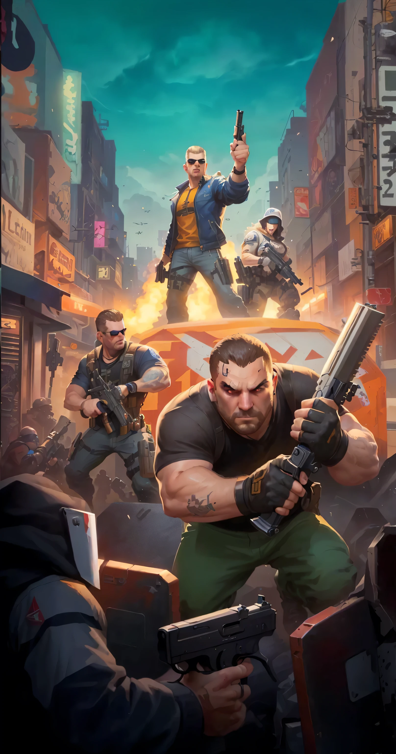 cartoon illustration of a man holding a gun in a busy city, 2 d game art gta cover, 2d game art gta cover, background artwork, shadowrun splash art, duke nukem art style, game illustration, intense heavy street battle, game key art, mobile game art, game art, heavy weapons guy, gta loading screen art, promotional art, heavy looking