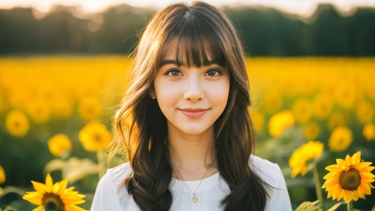 (Highest quality, masterpiece, Ultra-high resolution, (Realistic:1.4), RAW Photos, Depth of written boundary, whole body,Professional Lighting, Perfect Anatomy, Very detailed), One Arab girl, ,White blouse, (Very cute face, (Very cute big eyes), Very cute hair, Twin tail hairstyle,Very cute skin, Very cute long eyelashes, Very cute lips),A shy smile,In the background, a sunflower field stretches to the horizon.