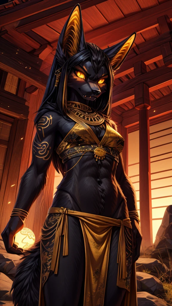 Masterpiece Best quality, the best definition to add aesthetic and lighting details Black girl jackal, egiptian clothes, girl, ,black body, japanese shrine landscape, golden tattoo body, sensual eyes, yellow pupil, glowing eyes, angry yokai, bitting fangs