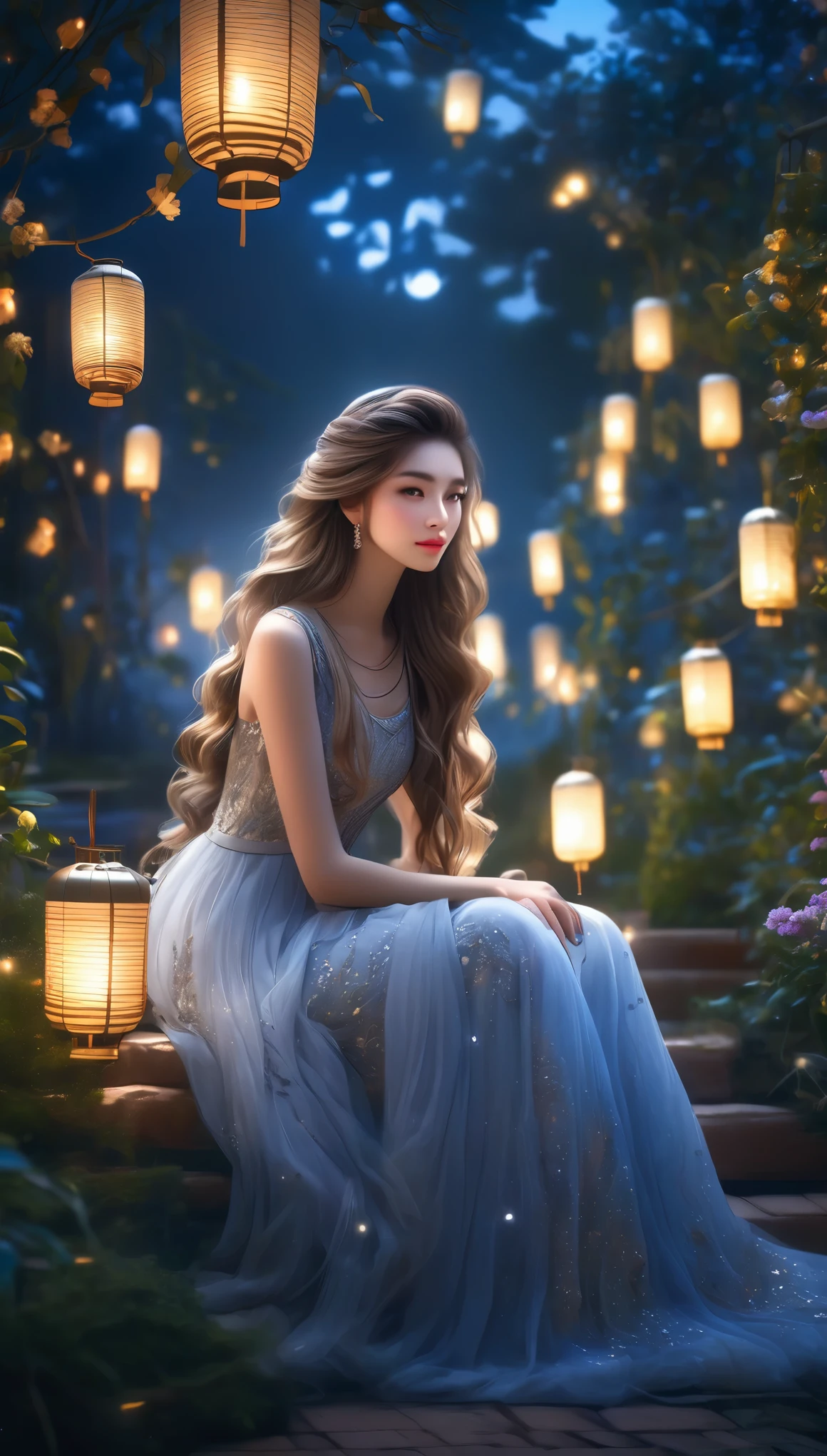 ((Beautiful girl sitting under the moonlight in a beautiful garden lit by hanging lanterns:1.5)), dreamy expression, long flowing hair, elegant dress, moonlit garden, bright moonlight, dramatic lighting, cinematic atmosphere, detailed portrait, photorealistic, 8k, highest quality, intricate details, hyper-realistic, natural skin tones, masterpiece