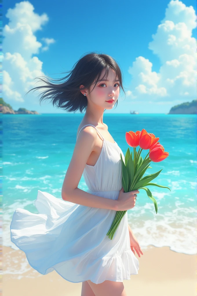 Summer seaside scene photo、One girl, alone、(holding a bouquet of red tulips:1.2)、、Beautiful Face、Short Hair、Blowing in the Wind、Wearing a white sleeveless mini dress、Frolic with the waves、Blue sky and white clouds、Beautiful sea、Photorealism、Detailed Description、Artistic photography、(Highest quality, masterpiece, High resolution)、4K、wallpaper、