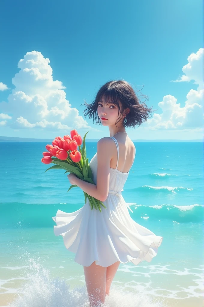 Summer seaside scene photo、One girl, alone、(holding a bouquet of red tulips:1.2)、、Beautiful Face、Short Hair、Blowing in the Wind、Wearing a white sleeveless mini dress、Frolic with the waves、Blue sky and white clouds、Beautiful sea、Photorealism、Detailed Description、Artistic photography、(Highest quality, masterpiece, High resolution)、4K、wallpaper、