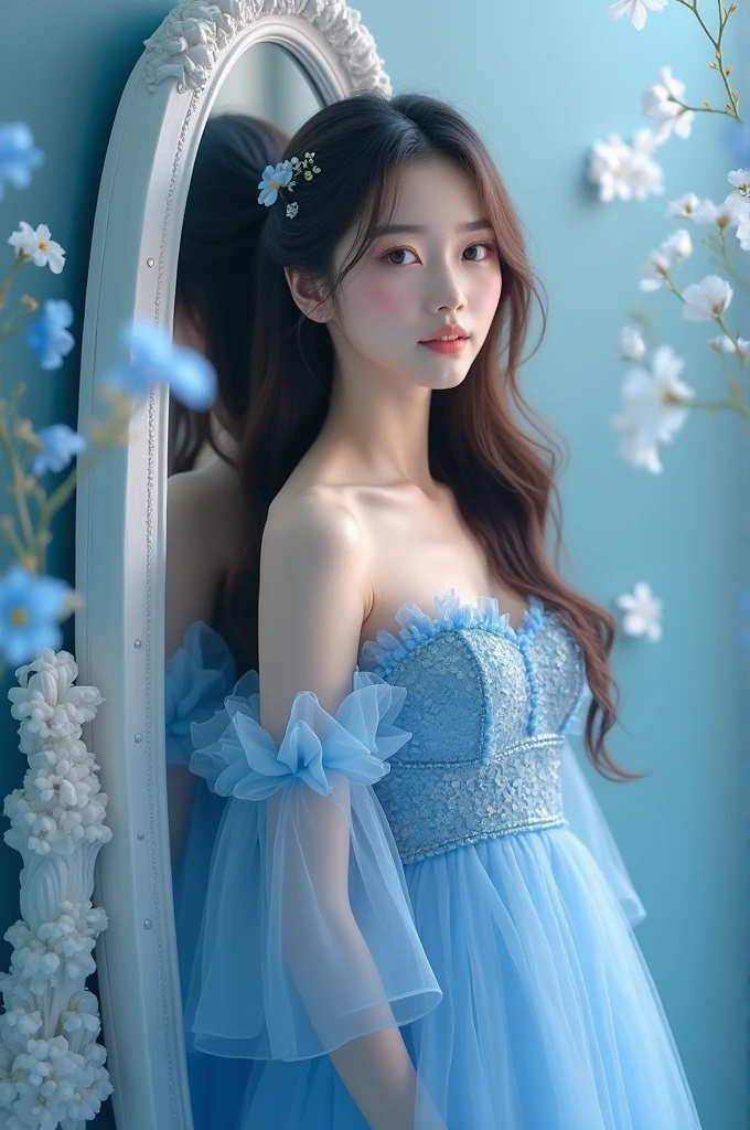 A close up of a asian girl in a blue dress standing in front of a ...