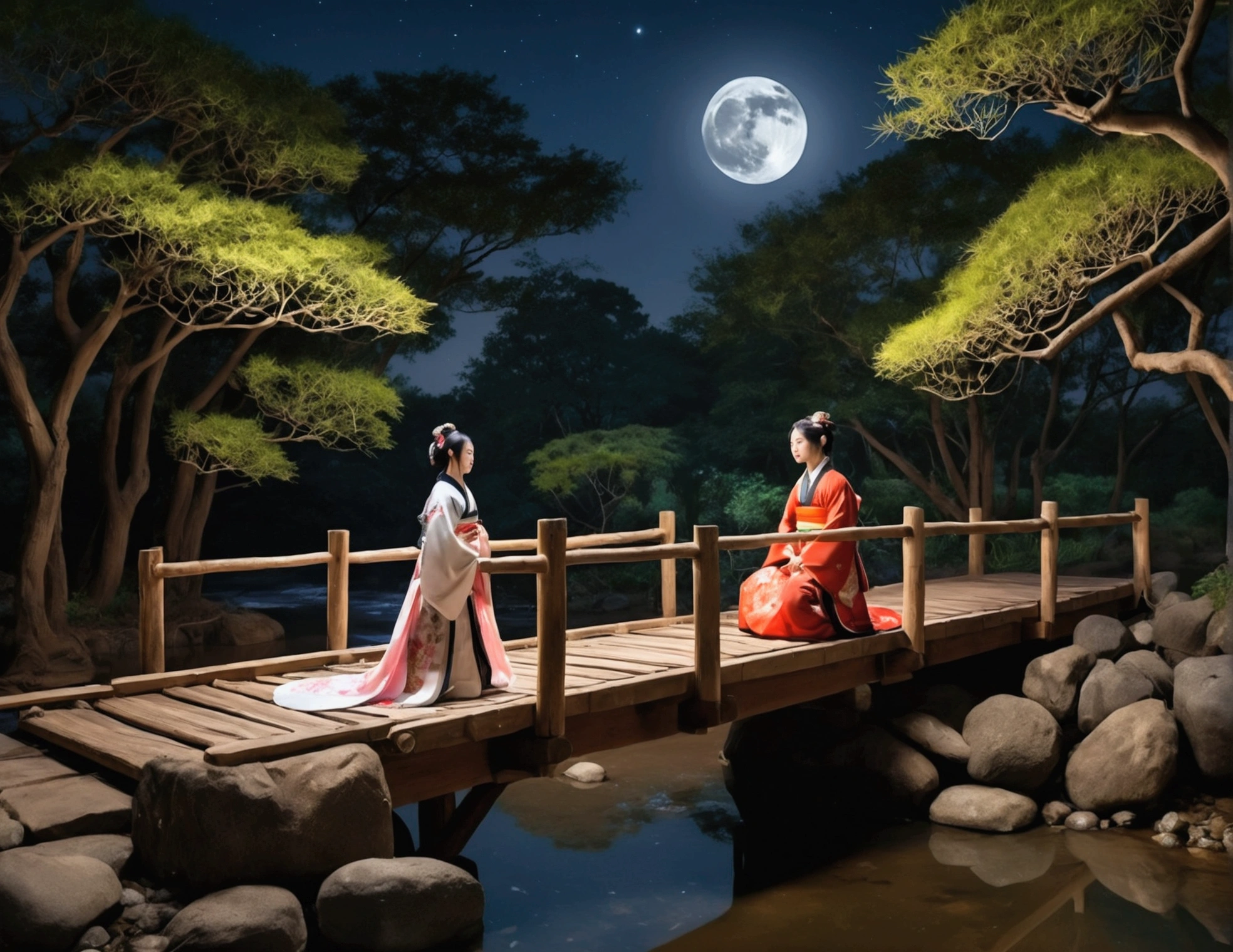 Moonlit night, wooden bridge over a creek. Samurai warrior in robes kneels before a gorgeous Asian woman in a lovely billowing dress. Asian love scene