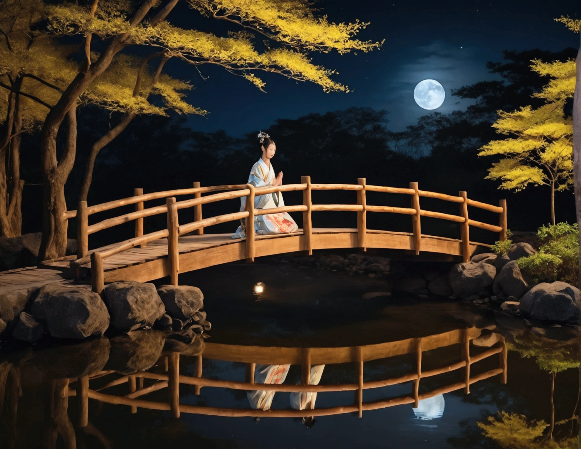 Moonlit night, wooden bridge over a creek. Samurai warrior in robes kneels before a gorgeous Asian woman in a lovely billowing dress. Asian love scene