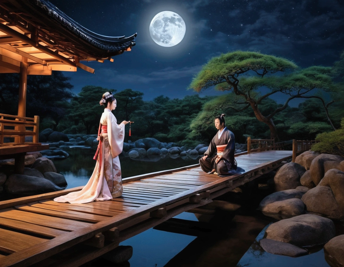 Moonlit night, wooden bridge over a creek. Samurai warrior in robes kneels before a gorgeous Asian woman in a lovely billowing dress. Asian love scene