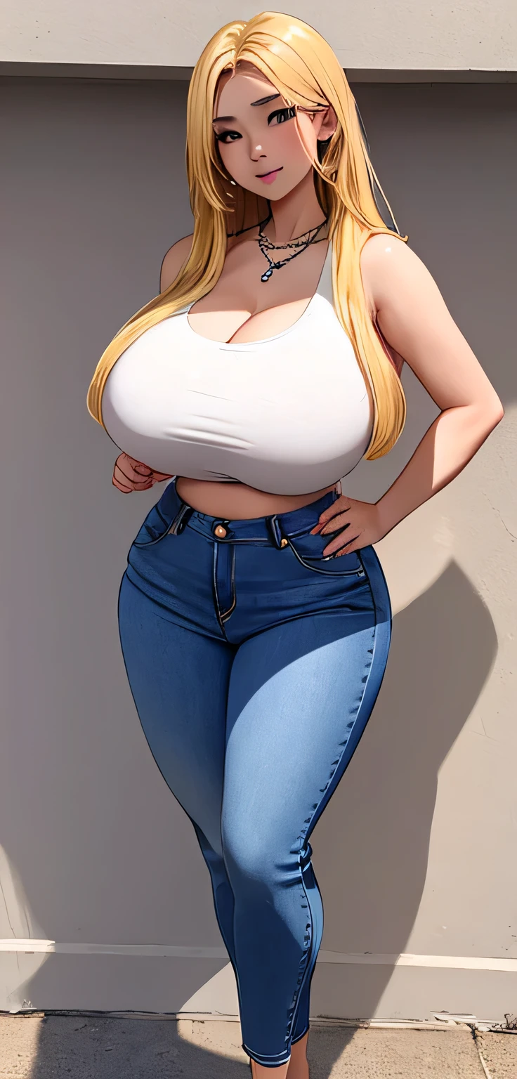 Best quality, high detailed, 8K quality, 4k resolution, Full body 20 years old chinese girl named anastasyakh, blonde hair, necklace, gorgeous face, massive breast, curvy body, wearing white sweeater, crop denim, massive breast and huge butt, playful expression, pose with both hands