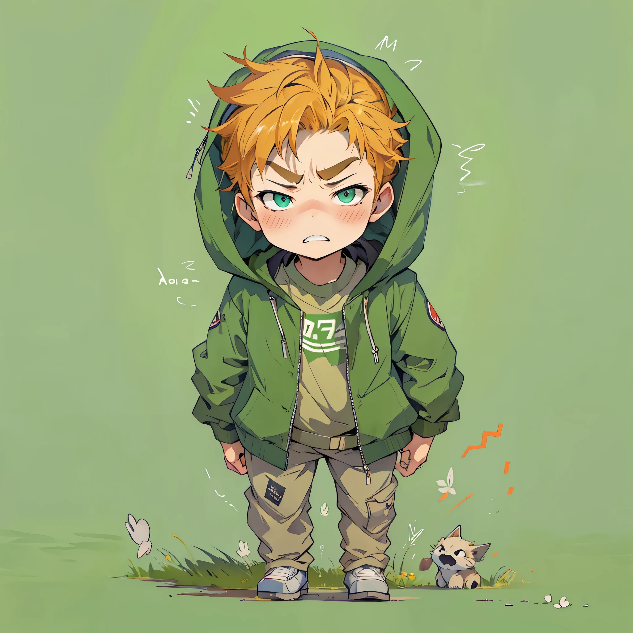 Imagine the main character of MBTI、Angry but not scary boy in green。Make it cute and warm.。
