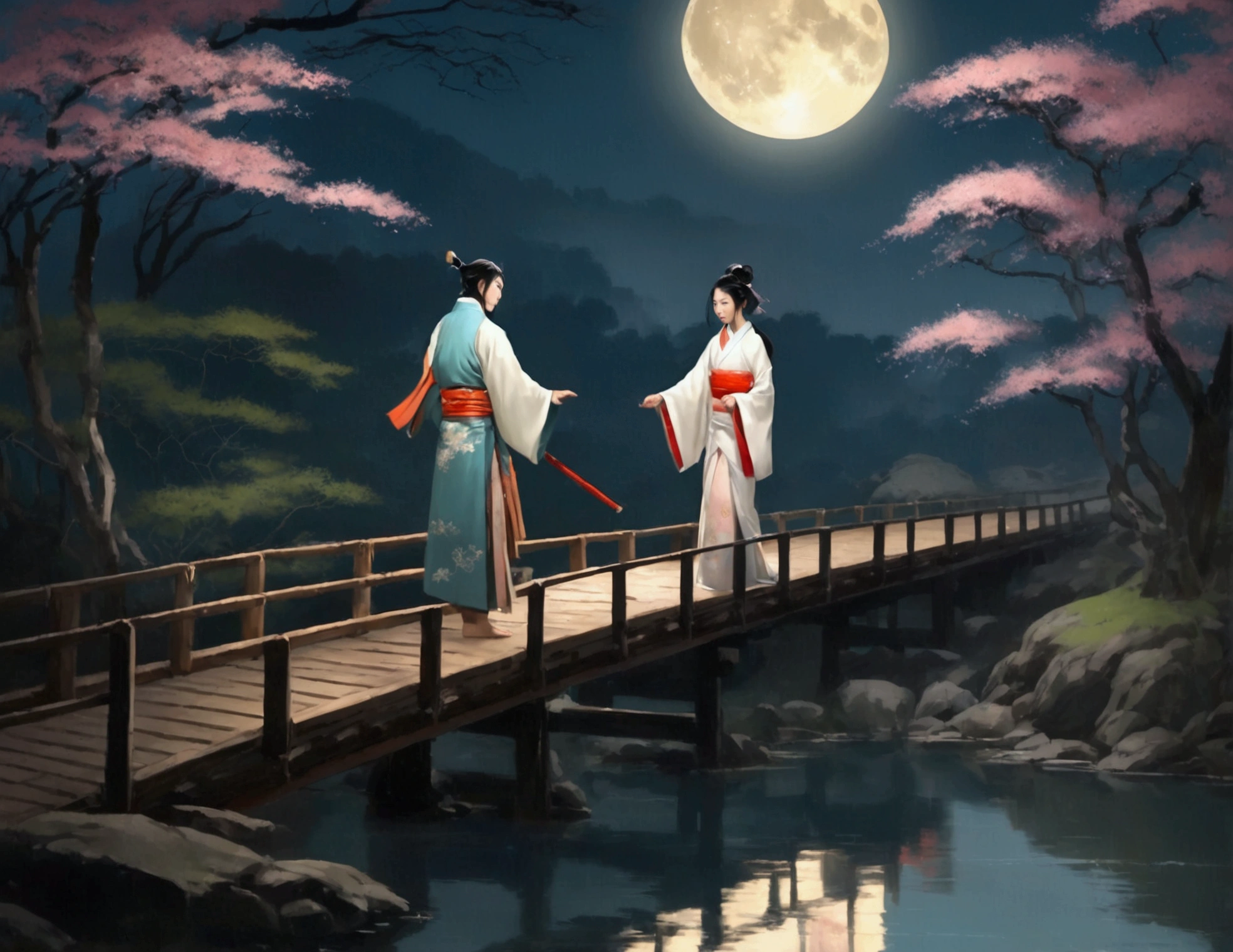 Moonlit night, wooden bridge over a creek. Samurai warrior in robes kneels before a gorgeous Asian woman in a lovely billowing dress. Asian love scene
