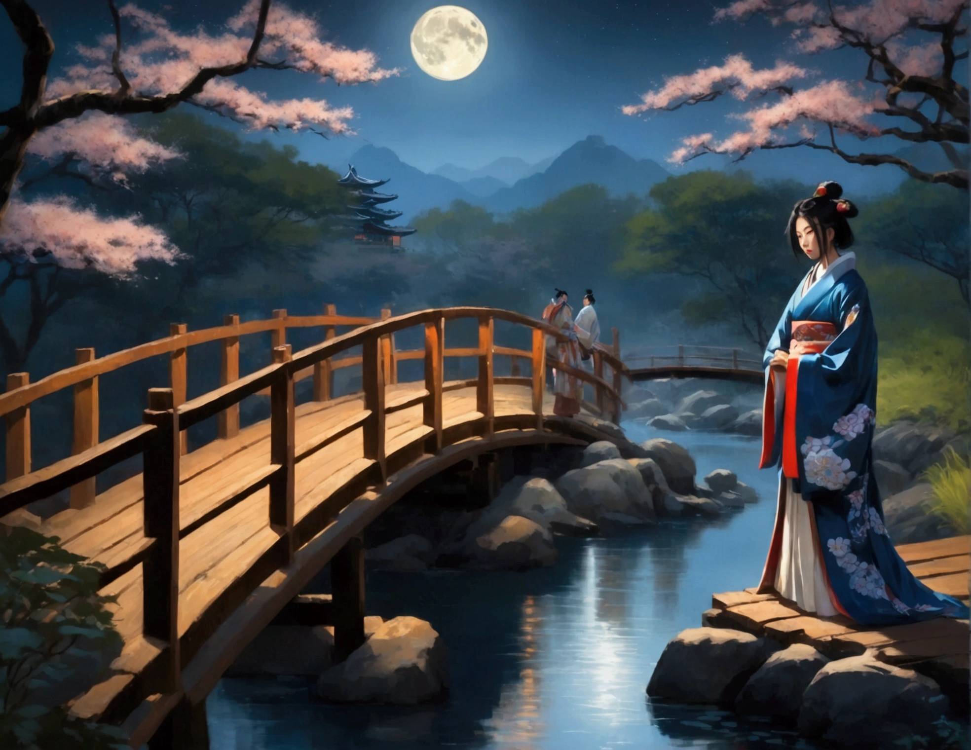 Moonlit night, wooden bridge over a creek. Samurai warrior in robes kneels before a gorgeous Asian woman in a lovely billowing dress. Asian love scene
