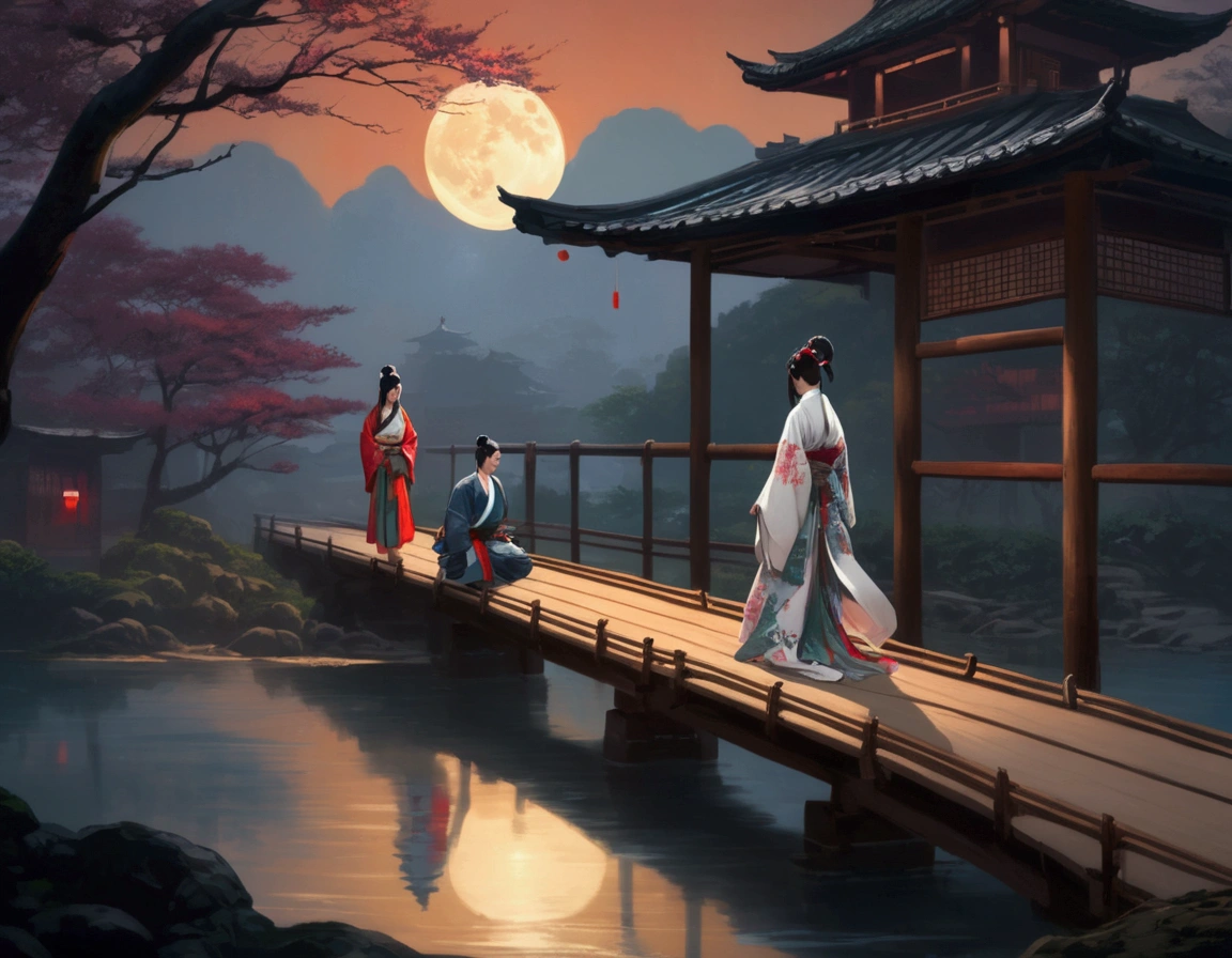 Moonlit night, wooden bridge over a creek. Samurai warrior in robes kneels before a gorgeous Asian woman in a lovely billowing dress. Asian love scene