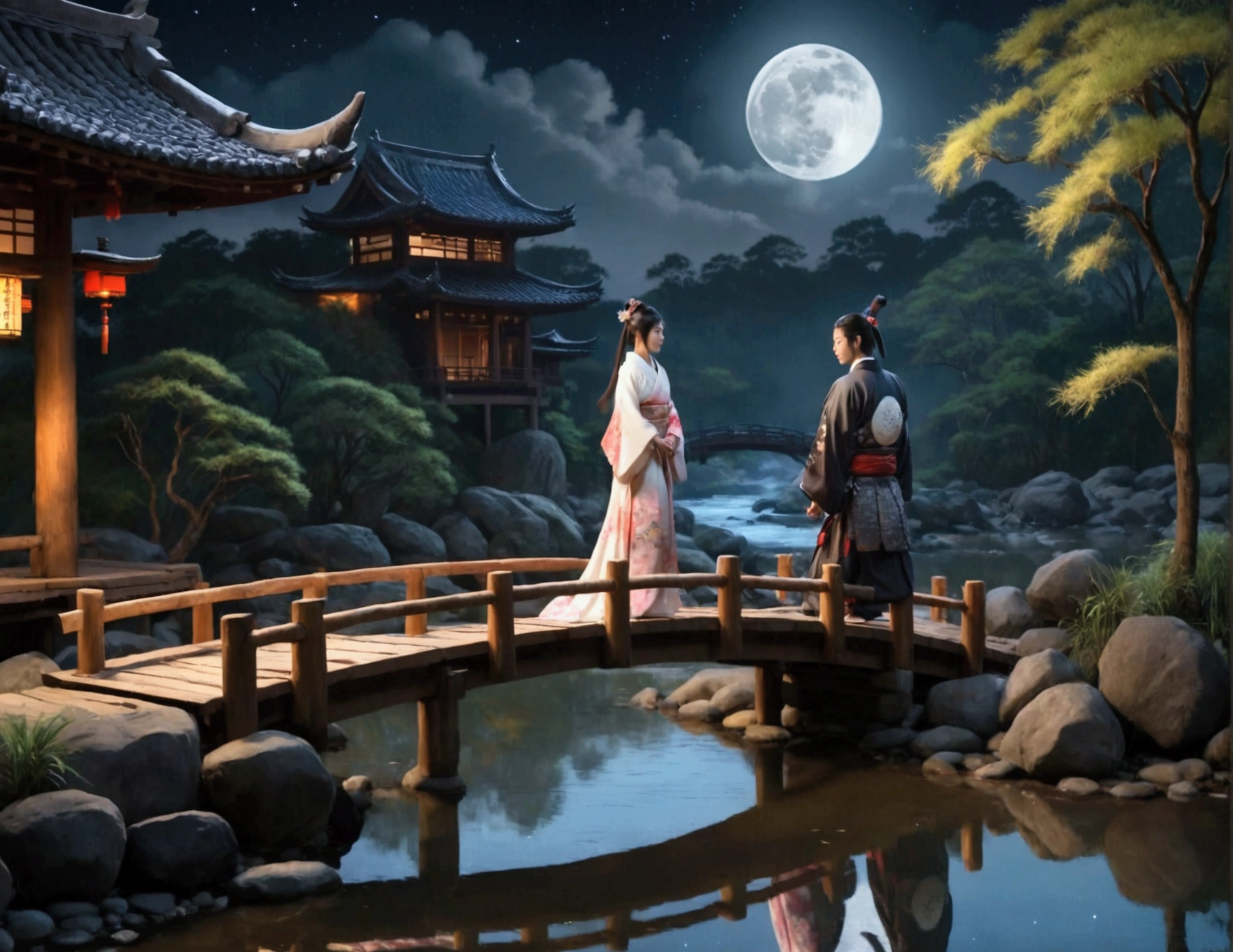 Moonlit night, wooden bridge over a creek. Samurai warrior in robes kneels before a gorgeous Asian woman in a lovely billowing dress. Asian love scene