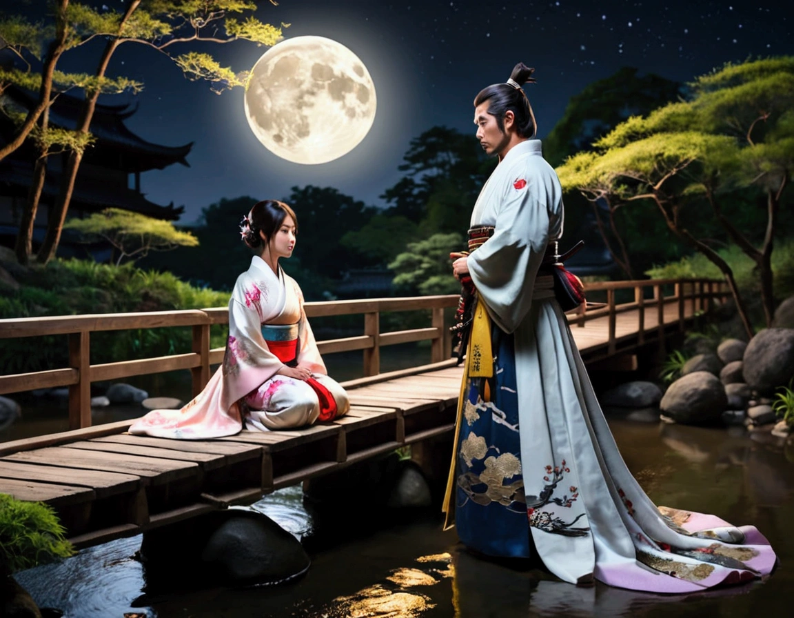 Moonlit night, wooden bridge over a creek. Samurai warrior in robes kneels before a gorgeous Asian woman in a lovely billowing dress. Asian love scene