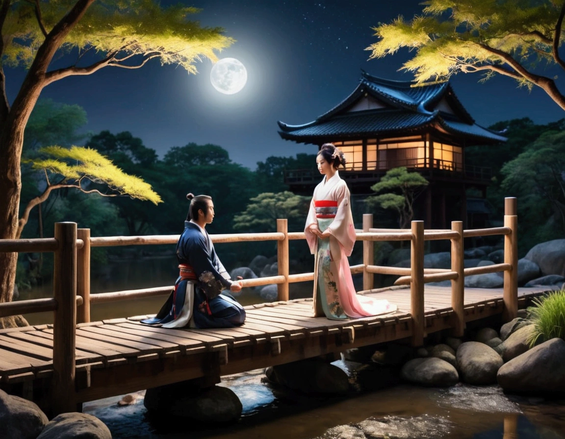 Moonlit night, wooden bridge over a creek. Samurai warrior in robes kneels before a gorgeous Asian woman in a lovely billowing dress. Asian love scene