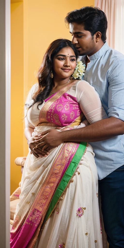 a 50-year-old shirtless man affectionately hugging and kissing aradiant, full-figured South Indian plus-sized 30 year old teacher wearing a cream silky saree in dressing room, captured in a full-body image with vibrant hues and meticulous details. Full body image