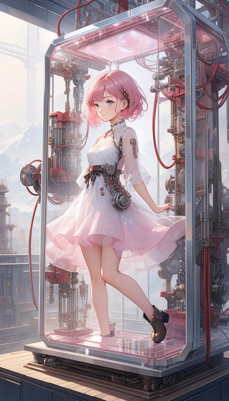 masterpiece,Solitary,Maximum resolution,best quality,wallpaper,Good composition,32K,(Transparent Materials:1.2),1 Girl,Pink short hair,side fringe,Delicate and beautiful face,Mechanical structure,composed of machinery,transmission,Hydraulics,Circuits and wires,Skin wrapped with transparent sss material,doll,artwork,