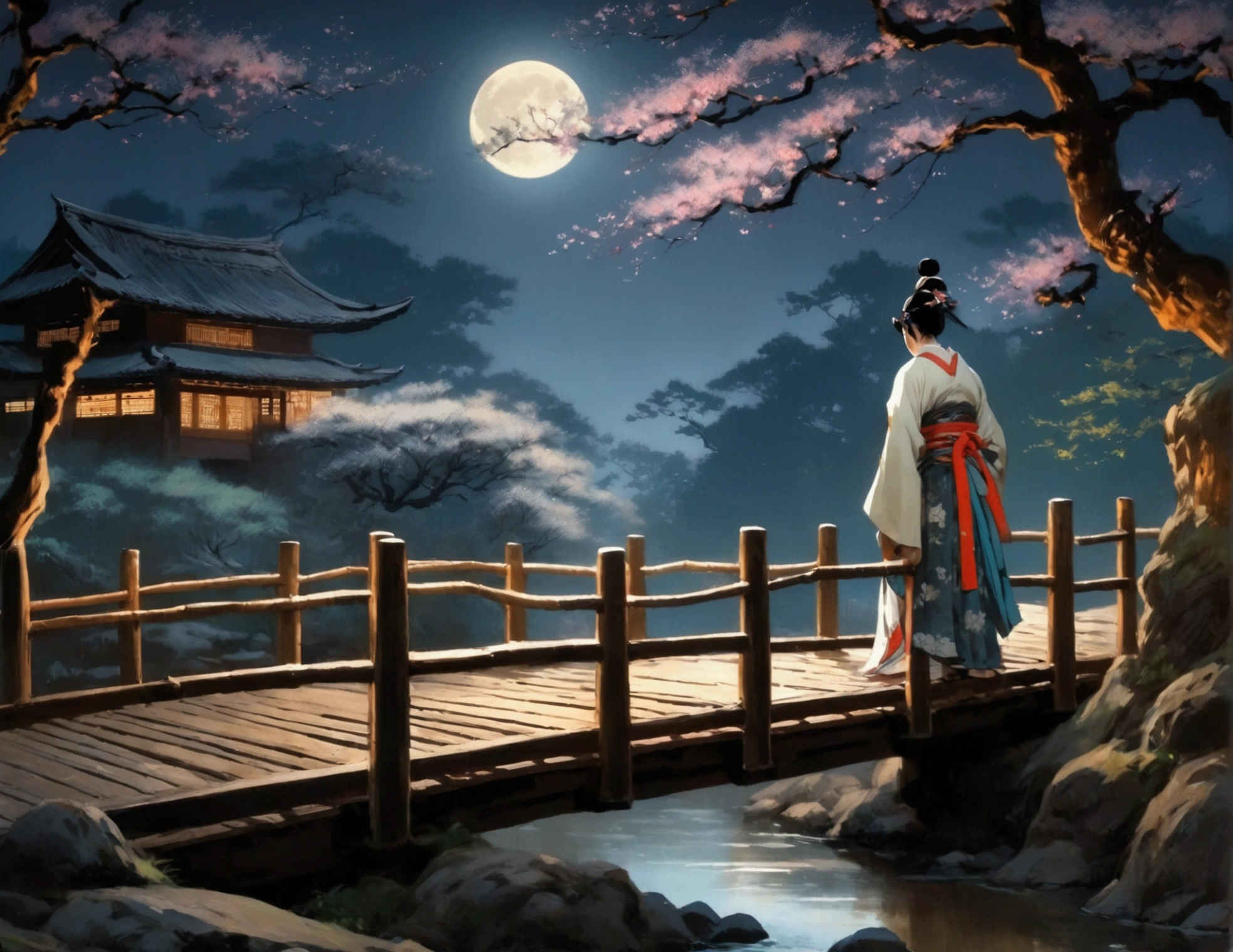 Moonlit night, wooden bridge over a creek. Samurai warrior in robes kneels before a gorgeous Asian woman in a lovely billowing dress. Asian love scene
