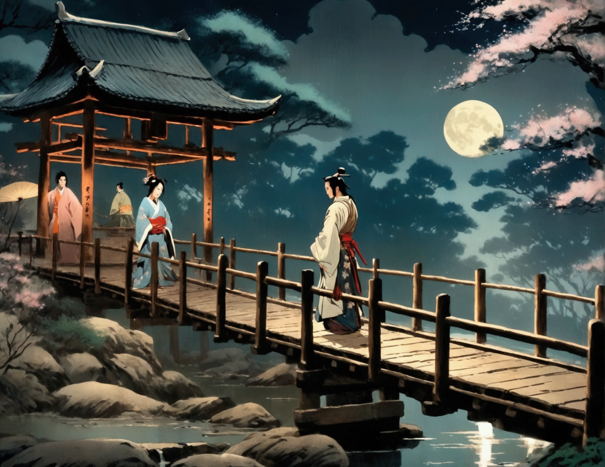 Moonlit night, wooden bridge over a creek. Samurai warrior in robes kneels before a gorgeous Asian woman in a lovely billowing dress. Asian love scene