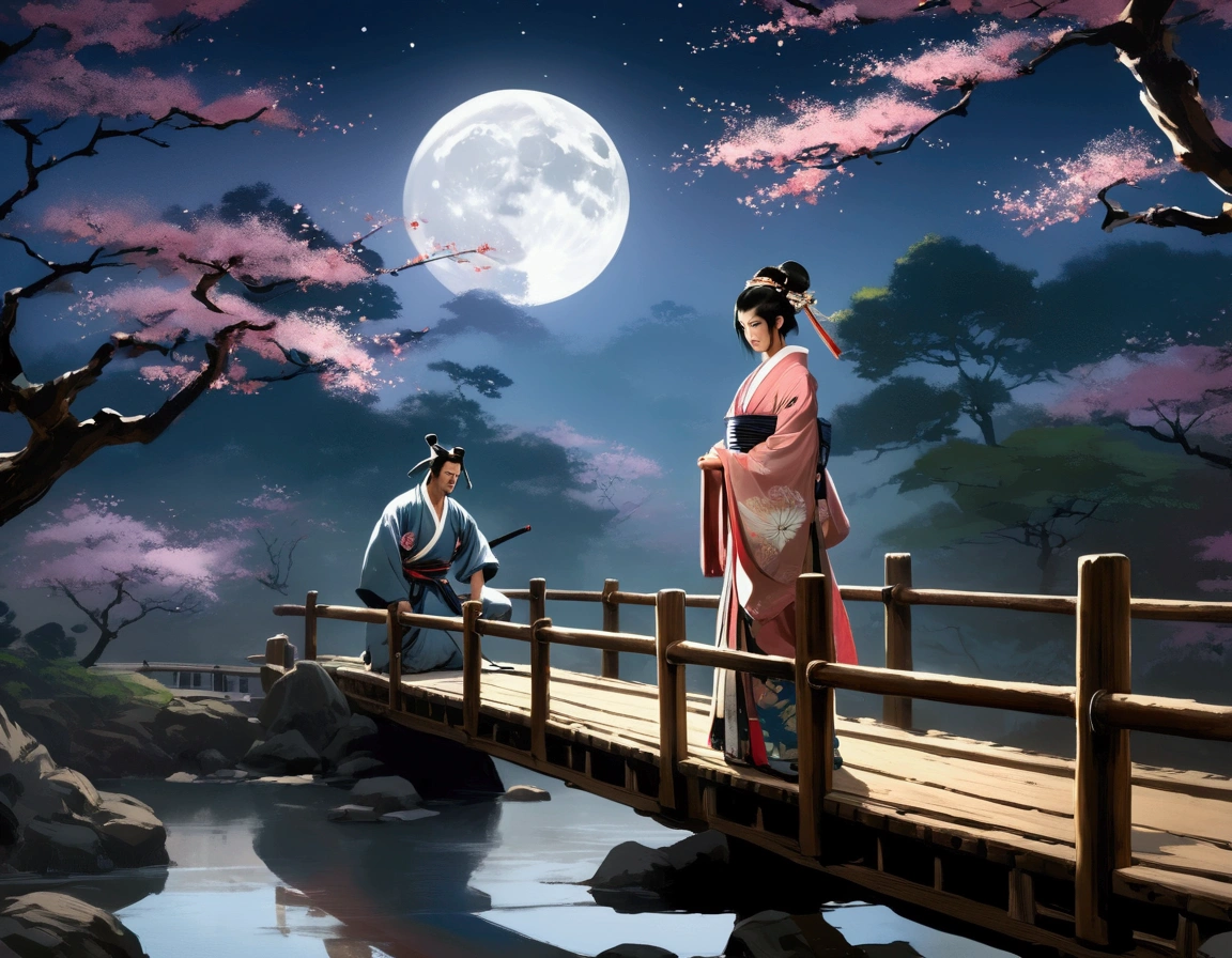 Moonlit night, wooden bridge over a creek. Samurai warrior in robes kneels before a gorgeous Asian woman in a lovely billowing dress. Asian love scene