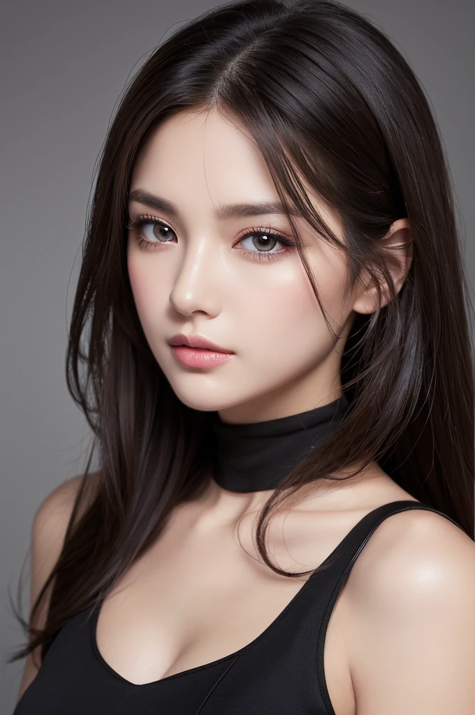 photoRealistic, Lip gloss, Realistic, Highest quality, Ultra-high resolution, depth, pastel colour, Natural Shading, Focus on the face, Only the face, Looking at the audience, Long Hair, Black Hair, Brown, well-detailed eyes, Black Dress, gloves, Anatomically correct