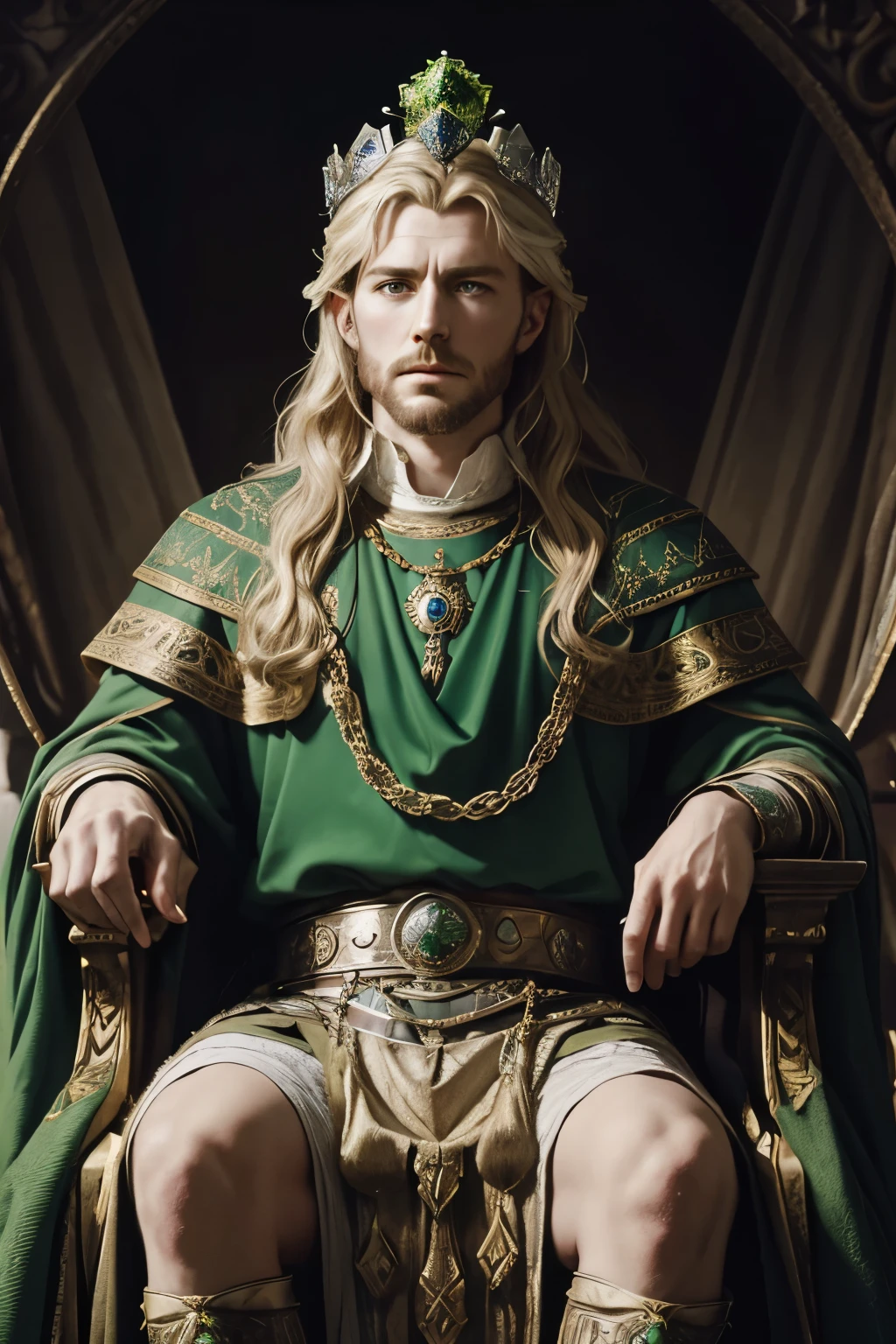 Hyperrealistic portrait of Legendary Irish King Cormac seated on a throne at the top of Tara Hill wearing a crown with a large chunk of Moldavite at the center