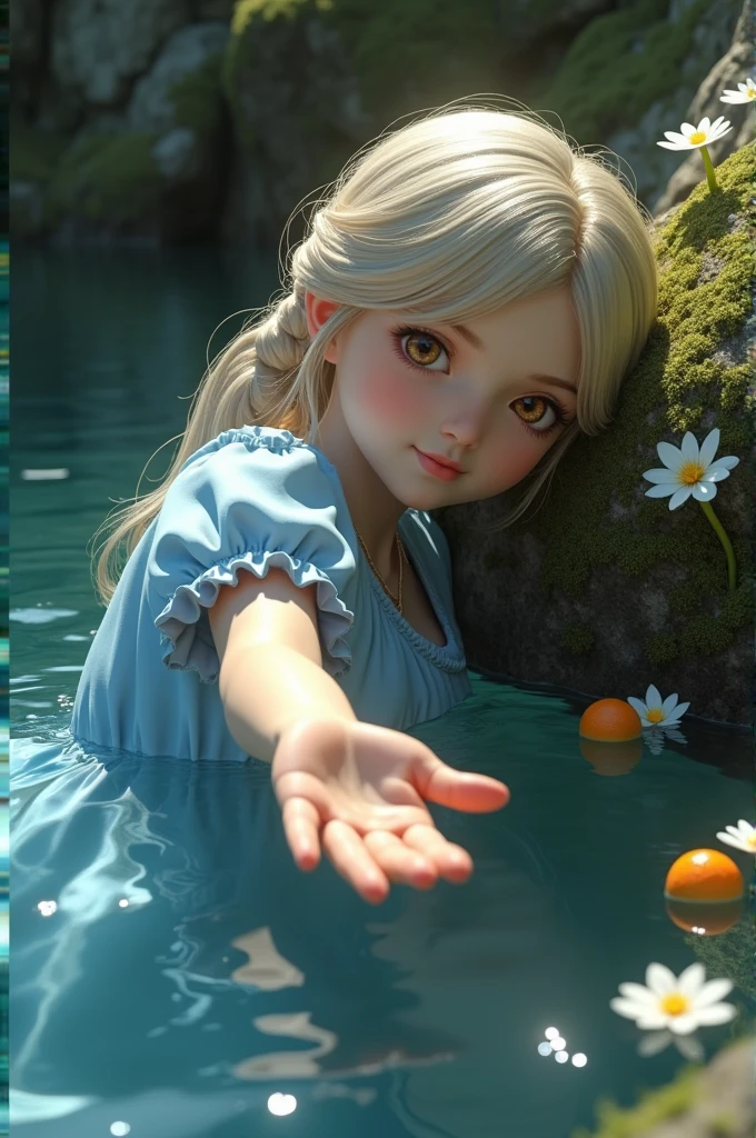 ((masterpiece)), best quality, perfect anatomy, (1girl, solo focus:1.4), pov, a close up of a girl in a blue dress, flower trim,(perspective, sideway, From directly above ,lying on water, open hand, palm, :1.3),(Accurate five-fingered hands, Reach out, hand focus, foot focus, Sole, heel, ball of the thumb:1.2), (outdoor, sunlight:1.2),(shiny skin:1.3),(masterpiece, white border, outside border, frame:1.3),(motherhood, aged up, mature female, medium breasts:1.2), (curvy:1.1), (single side braid:1.2), (long hair with queue and braid, disheveled hair, hair scrunchie, tareme:1.2), (light Ivory hair:1.2), looking at viewer, Calm, Slight smile,(anemic, dark, lake, river,puddle, Meadow, rock, stone, moss, cliff, white flower, stalactite, Godray, ruins, ancient, eternal, deep ,mystic background,sunlight,plant,lily,white flowers, Abyss, :1.2), (orange fruits, citrus fruit, citrus fruit bearing tree:1.4), volumetric lighting,good lighting,, masterpiece, best quality, highly detailed,extremely detailed cg unity 8k wallpaper,illustration,((beautiful detailed face)), best quality, (((hyper-detailed ))), high resolution illustration ,high quality, highres, sidelighting, ((illustrationbest)),highres,illustration, absurdres, hyper-detailed, intricate detail, perfect, high detailed eyes,perfect lighting, (extremely detailed CG:1.2)