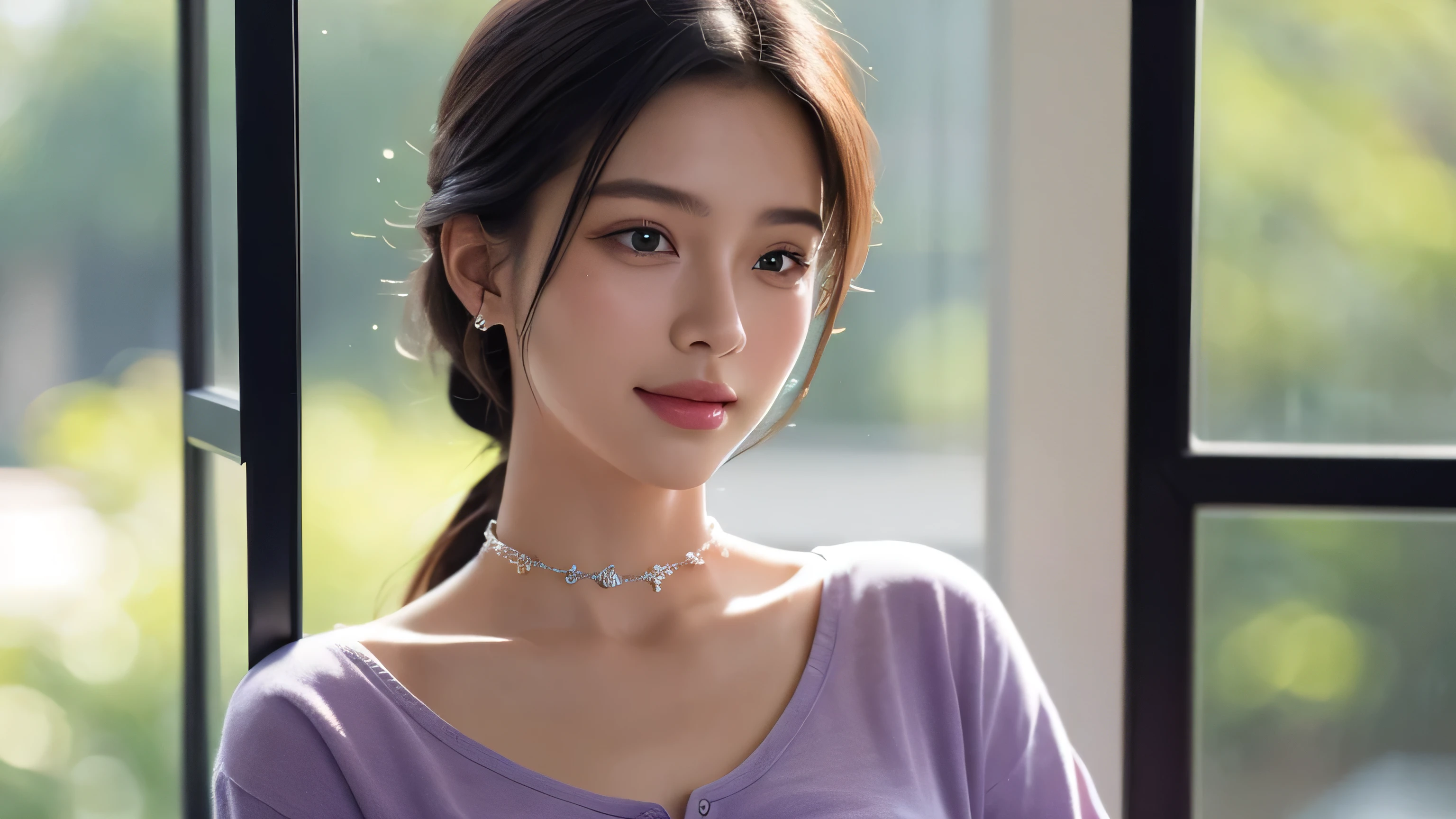 a beautiful young woman, 21 years old, wearing a lavender shirt, with a choker necklace, waking up in a modern bedroom with a window, blushing and smiling, best quality, highly detailed, semi-realistic, masterpiece, (best quality, 4k, 8k, highres, masterpiece:1.2), ultra-detailed, (realistic, photorealistic, photo-realistic:1.37), HDR, UHD, studio lighting, ultra-fine painting, sharp focus, physically-based rendering, extreme detail description, professional, vivid colors, bokeh, portrait
