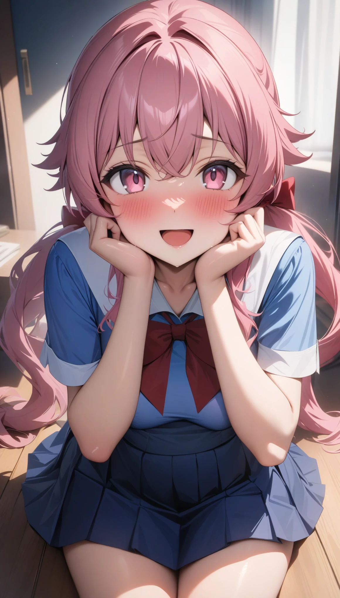 masterpiece, best quality, very aesthetic, absurdres, newest, 
Future Diary，(Yuno Gasai ）, 1girl, blush, hands_on_own_cheeks, hands_on_own_face, looking_at_viewer, open_mouth,  smile, pink hair, pink eyes,hair bow,sidelocks,twintails,ponytail,shiny hair, school uniform,red bowtie,blue skirt,blue shirt,pleated skirt,short sleeves,looking at viewer,, Exquisite visuals, high-definition,masterpiece,best quality,