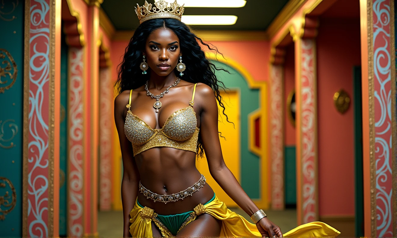 A Black woman in her early 20s with long straight black hair, wearing a gold embellished bra and a yellow skirt. She has a crown on her head and is adorned with jewelry, including earrings and a necklace. The background is a solid pink color
