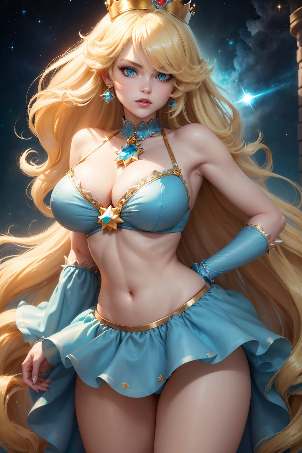 ((Princess Rosalina from the Super Mario Bros series))(she has big glowing blue eyeballs)(bright red lips) ((long blonde hair))(((long bangs hide one eye)))(dark eyeballshadows make up)((very big tits)) (perfect slim body) ((wear aquamarine mini bikini, golden crown)) ((posing sexy in the cosmic castle)) (work of art, High definition, volumetric lights and dynamic shadows)((work of art))(8k)(face perfect)(ultra details) (perfect hands, eyeballs, Yeah man) (Luma Star flying around) standing up, seminua, standing, stand up, quase nua, em on