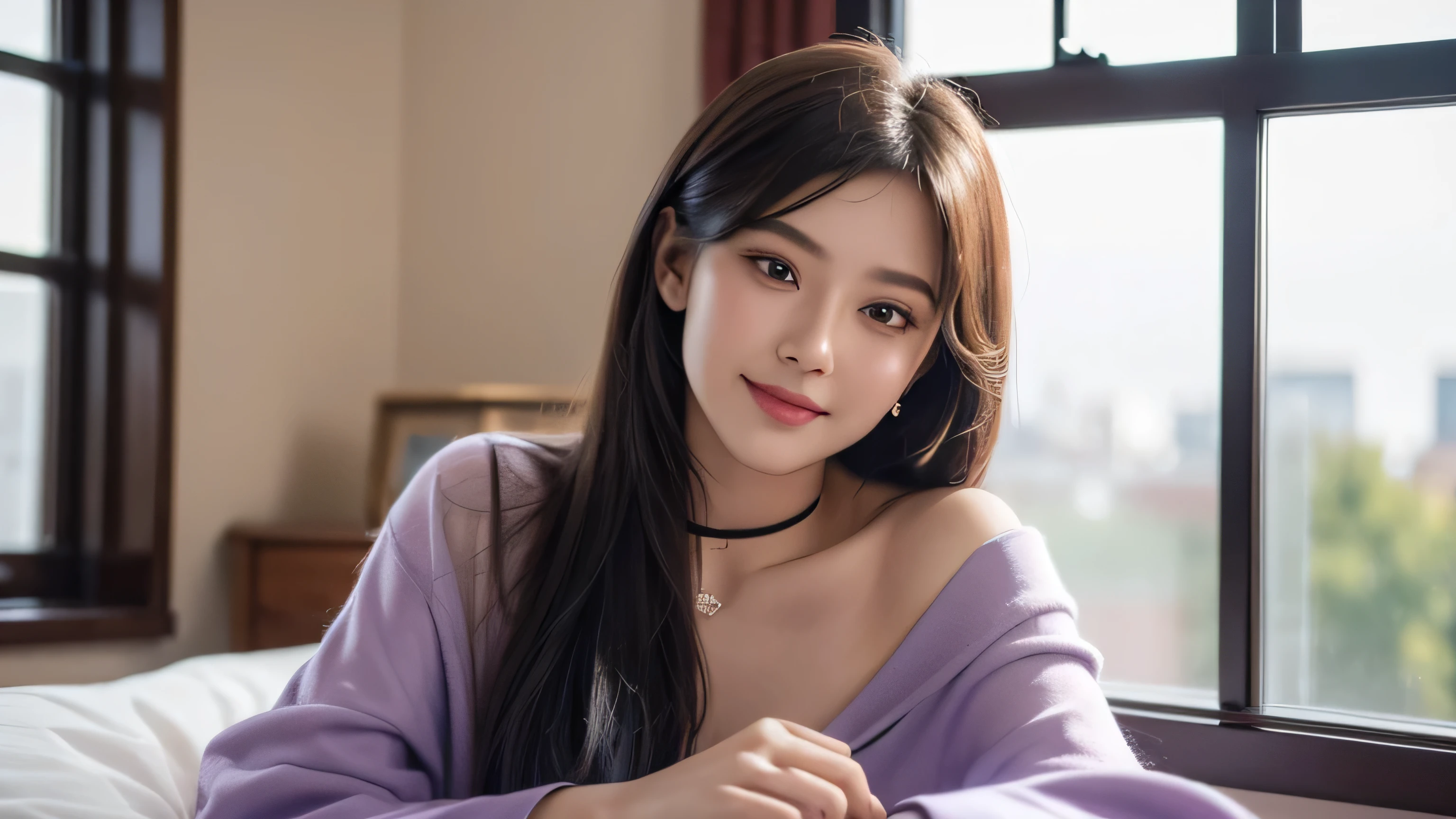 a beautiful young woman, 21 years old, wearing a lavender shirt, with a choker necklace, waking up in a modern bedroom with a window, blushing and smiling, best quality, highly detailed, semi-realistic, masterpiece, (best quality, 4k, 8k, highres, masterpiece:1.2), ultra-detailed, (realistic, photorealistic, photo-realistic:1.37), HDR, UHD, studio lighting, ultra-fine painting, sharp focus, physically-based rendering, extreme detail description, professional, vivid colors, bokeh, portrait