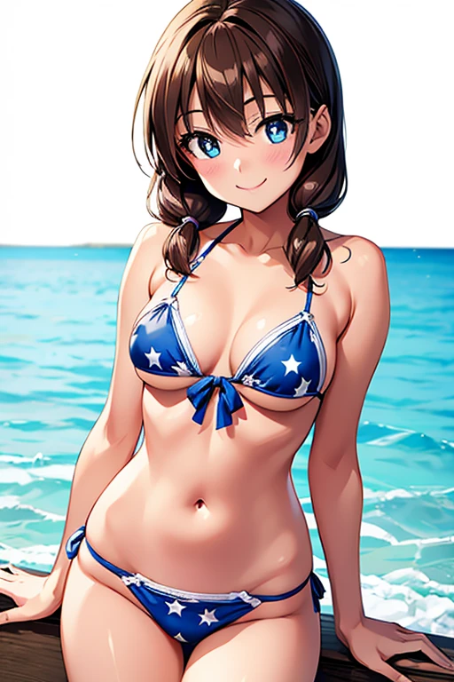 Megumi Amano、Shiny brown hair, Twin tails, Beautiful Blue Eyes、Small waist、Small breasts、Modest chest、smile、Sparkling eyes, (fine grain)、Very fine eye、Highly detailed face, Highly detailed eyes, Cowboy Shot、




, 
(masterpiece, Highest quality:1.2), Cowboy Shot, alone, One girl, Bacassidy,  smile, View your viewers, seiza, Have, star \(symbol\), bikini, Beach 