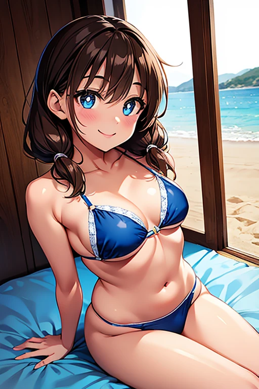 Megumi Amano、Shiny brown hair, Twin tails, Beautiful Blue Eyes、Small waist、Small breasts、Modest chest、smile、Sparkling eyes, (fine grain)、Very fine eye、Highly detailed face, Highly detailed eyes, Cowboy Shot、




, 
(masterpiece, Highest quality:1.2), Cowboy Shot, alone, One girl, Bacassidy,  smile, View your viewers, seiza, Have, star \(symbol\), bikini, Beach 