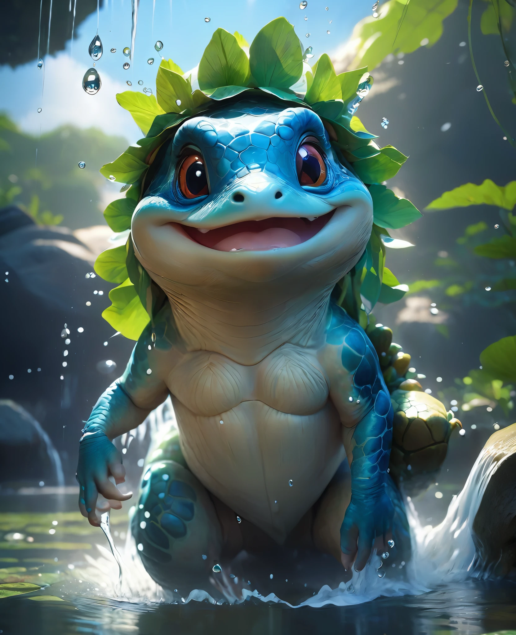 Water springing from a kappa,highest quality, Very high resolution, 4k fine cg, masterpiece,Round plate on head、The back is a turtle shell、water imp.river imp、Standing and looking at me、Water gushes from kappa,highest quality, Very high resolution, 4k smooth cg, masterpiece,a fox、river