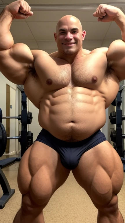 Completely nakedの筋肉隆々I got fat80Bald, 20-year-old Tongan male bodybuilder。Bald head。Men's beards are short and white。The man holds his left arm up high, revealing his hairy armpit。男性はCompletely nakedである。Anatomically correct penis and testicles。Man's circumcised huge penis erect。The male glans is exposed。The man's testicles are huge。Sunburned skin。The man is covered in thick, graying hair from the neck down.。Thick chest hair。Thick belly hair。Thick arm hair。Thick leg hair。Thick pubic hair。Thick armpit hair。Neck wider than face。Developed trapezius muscles。Developed pectoral muscles。Big round belly。thick limbs。A gentle and calm face。Thin eyebrows。Small, single eyelids。large round nose。Small Mouth。Completely naked。Statue。Standing posture。barefoot。