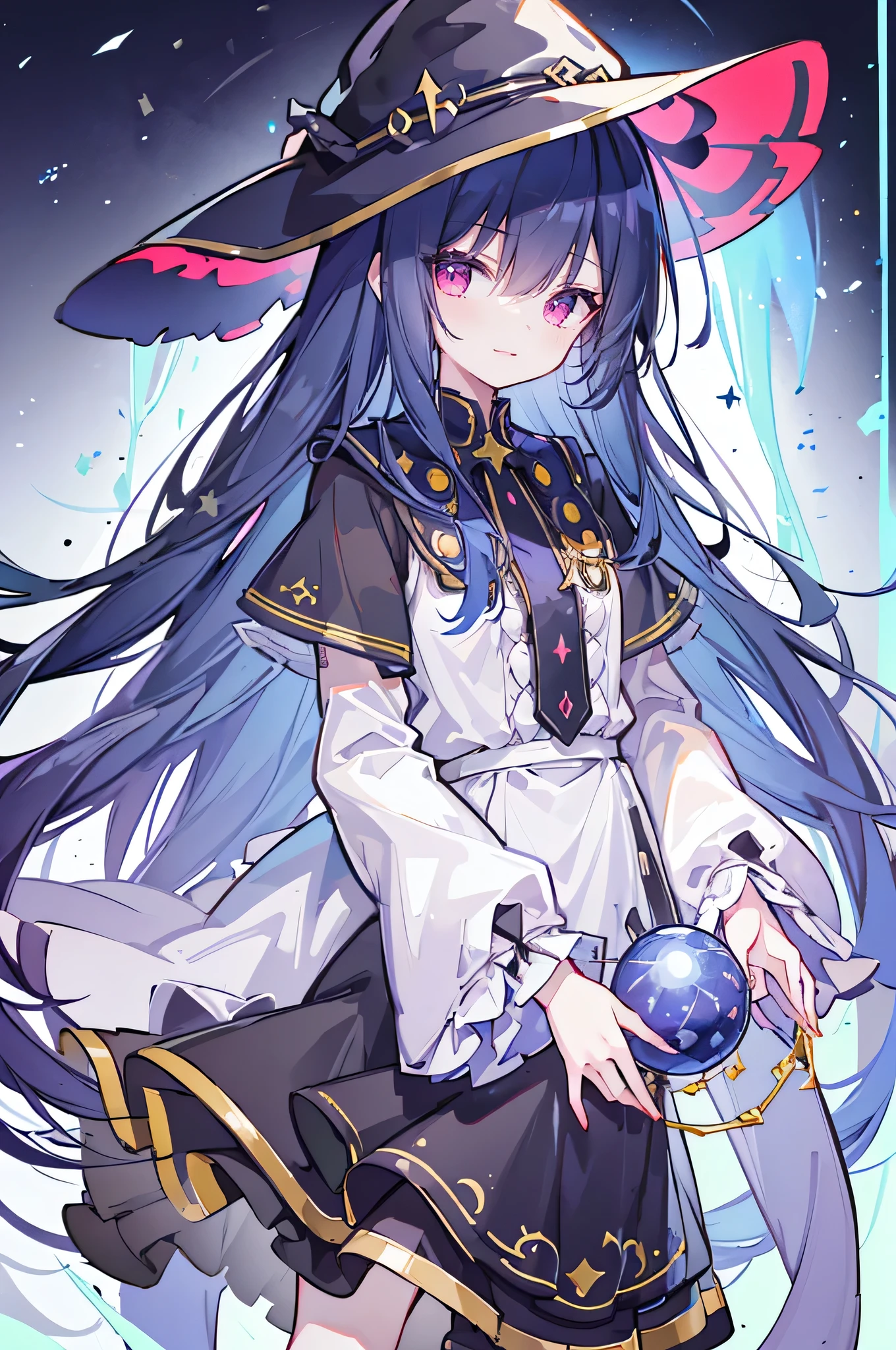 oung Girls,Humanity,A magician always smiles,big witch hat,cute,dark blue long hair,The eyes are dull,The bangs are heavy,Thin eyebrows,fantasy,intake,Double teeth,Star Theme,Constellation pattern,Solid color clothetal decoration,cloak,A bit of a dark atmosphere,A little crazy smile,When the big moon shines outside at night,blood,Hair black star embellishment,Short tie,No nails,High waist skirt,Bell sleeves,Long-sleeved shirt,Black tie,low risk,gentlemen。Mist、Yellow and white effect,Shocking pink as an accent color