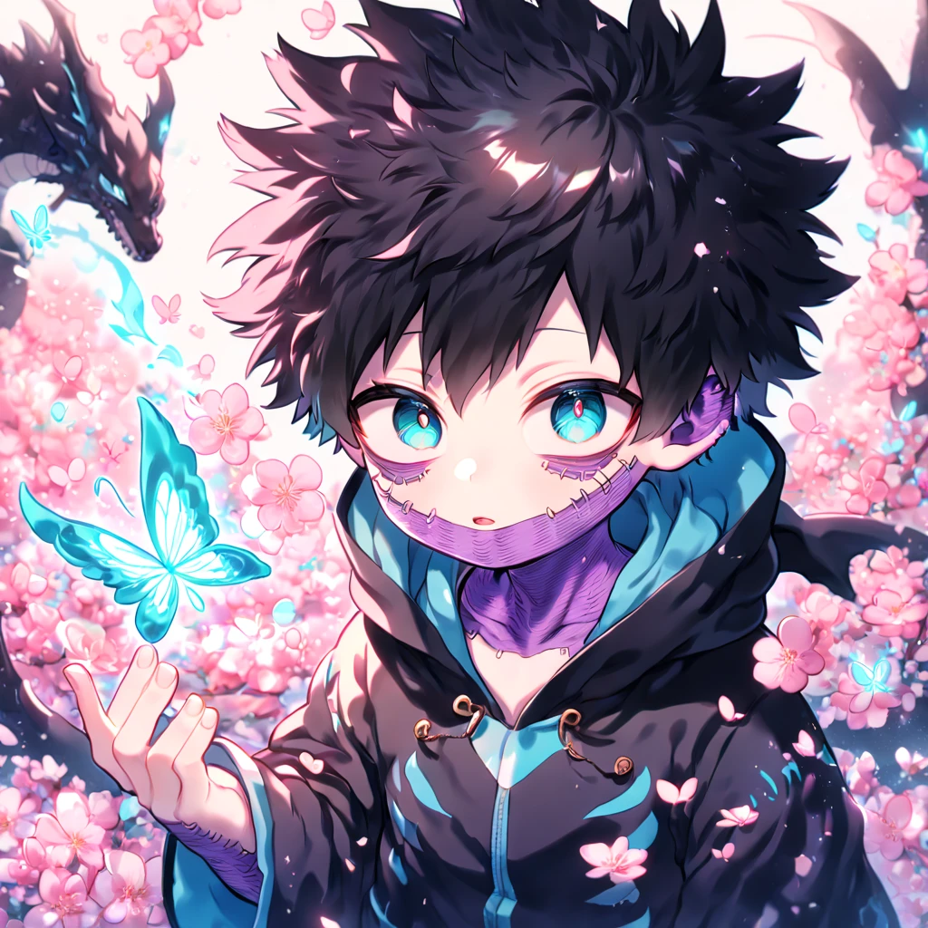 absurdres, highres, ultra detailed, HDR, master piece, best quality, extremely detailed face, delicated features, Dabi as a , black hair, expressive turquoise eyes, Boku No Hero Academia, solo, boy, cute, black dragon costume, close up, blossoms, pink flowers, pink butterflies, fantasy, magic, radiant