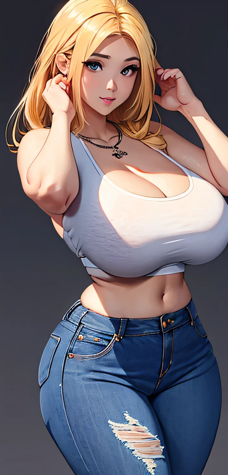 Best quality, high detailed, 8K quality, 4k resolution, Full body 20 years old chinese girl named anastasyakh, blonde hair, necklace, gorgeous face, massive breast, curvy body, wearing white sweeater, crop denim, massive breast and huge butt, playful expression, pose with both hands
