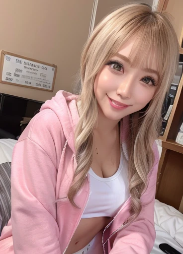 (Highest quality、4K、8k、High resolution、masterpiece:1.2)、Very detailed、(Genuine、Realistic、Realistic:1.37)、Messy room、Video Streaming、Sitting in front of a webcam、blonde、Gal Makeup、A flashy zip-up hoodie in pastel colors、Tank top under hoodie、Big Breasts、Sloppy open chests、Speaking into a webcam、headset、Earphone microphone、smile、Open your mouth、Accentuate your cleavage、Underwear hanging out to dry behind